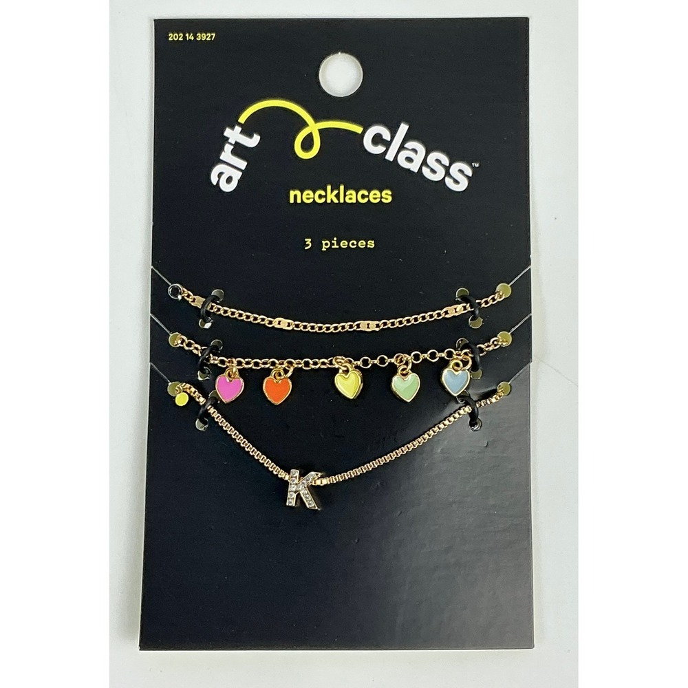 Art Class 3pc Necklace Set Gold Tone Enamel‎ Hearts Rhinestone Initial K NEW
